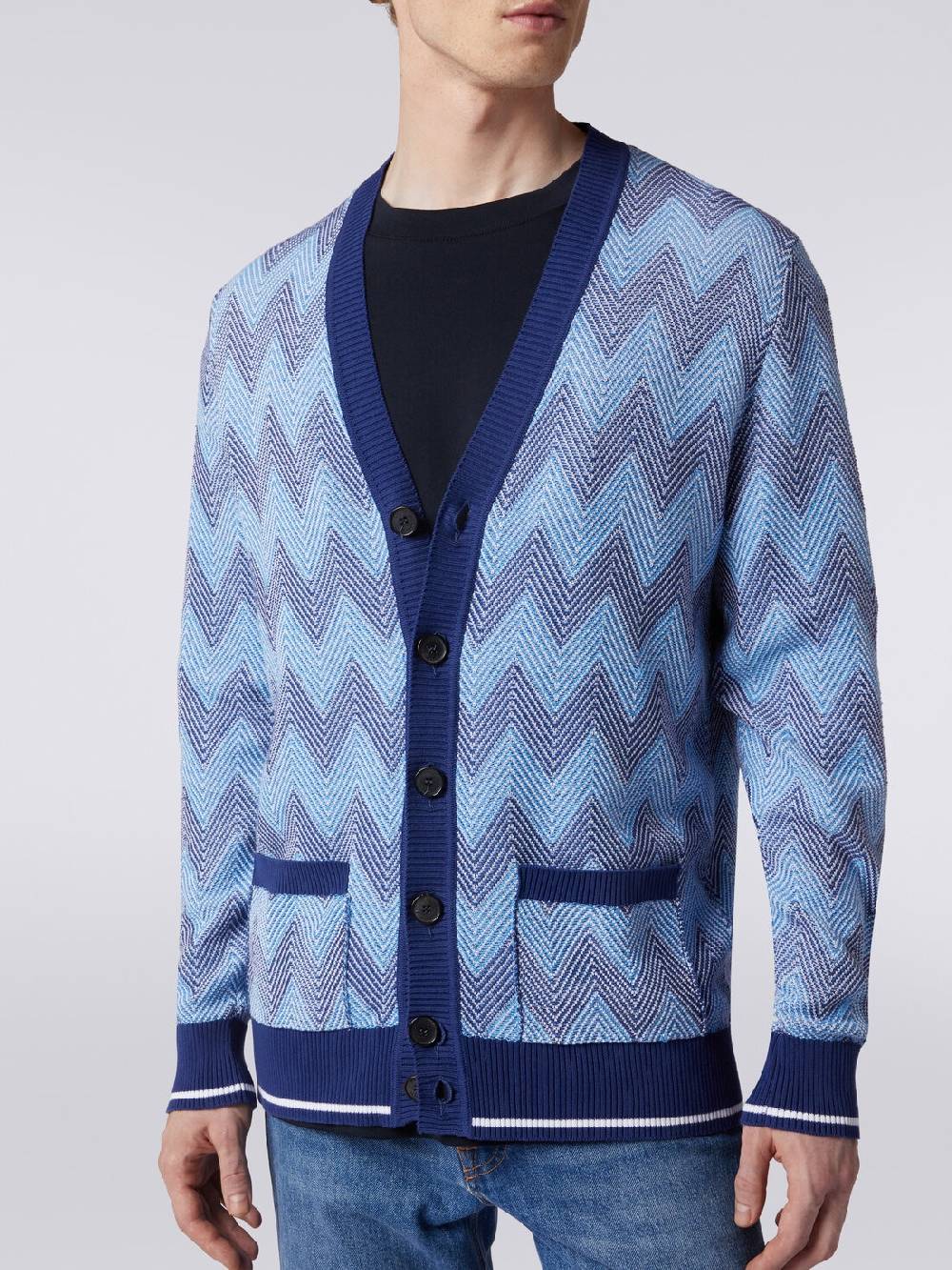 M Missoni Cardigan In Maglia Di Cotone Chevron Con Profili A Contrasto