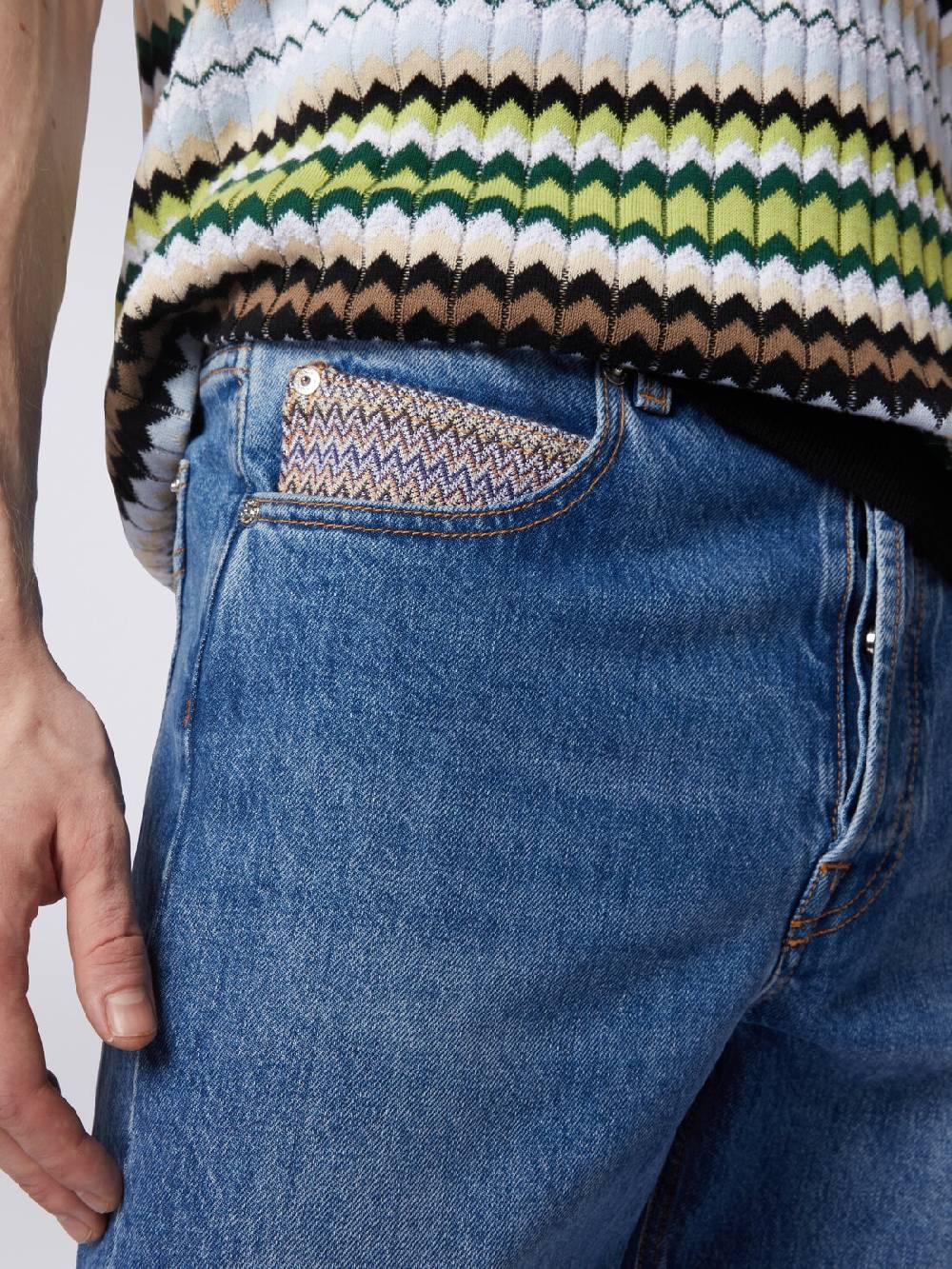 M Missoni Cinque Tasche In Denim Con Inserto Zig Zag