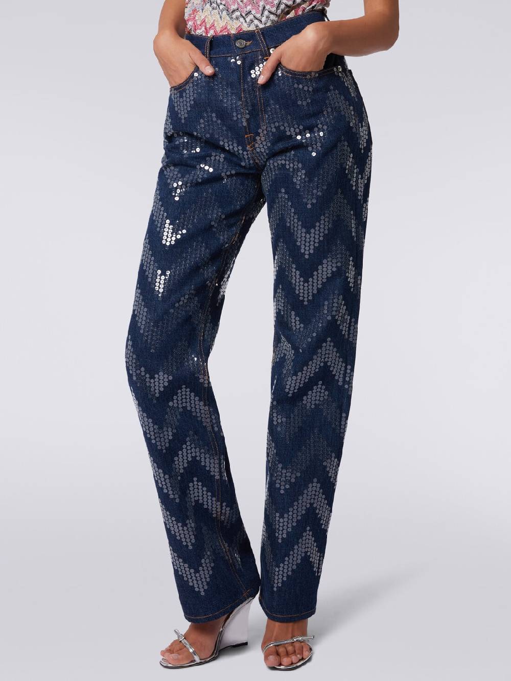 M Missoni Cinque Tasche In Denim Con Paillettes Zig Zag