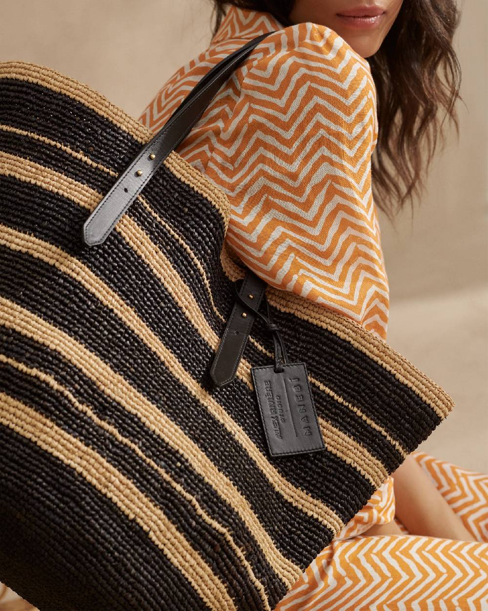 Manebí Bahia Raffia Bag - Leather Handles \u0026 Tag Natural And Black