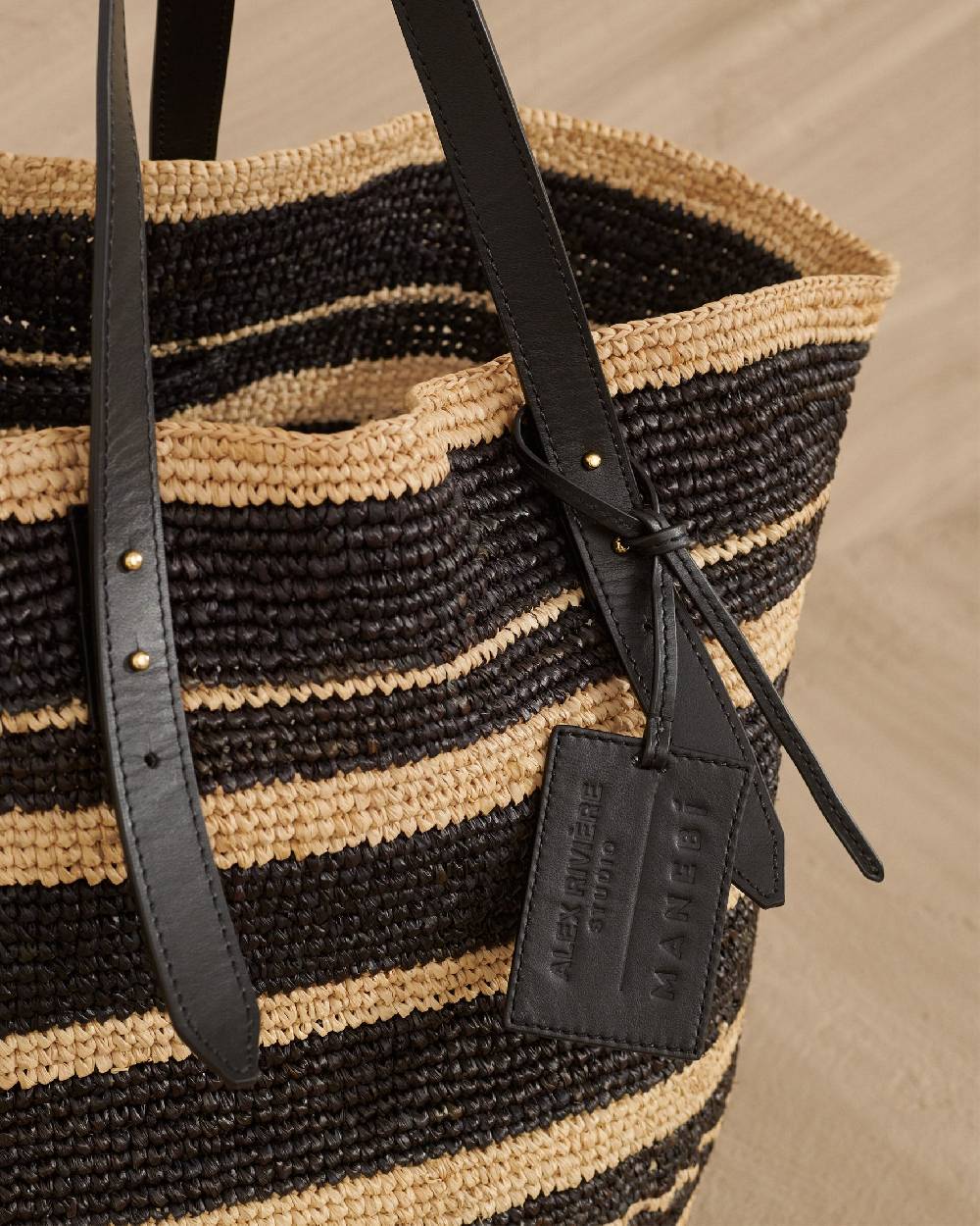 Manebí Bahia Raffia Bag - Leather Handles \u0026 Tag Natural And Black