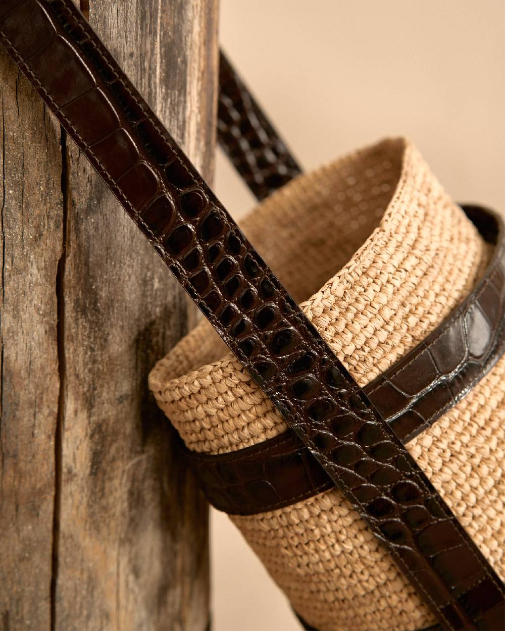 Manebí Bucket Raffia With Leather - Tan And Chocolate