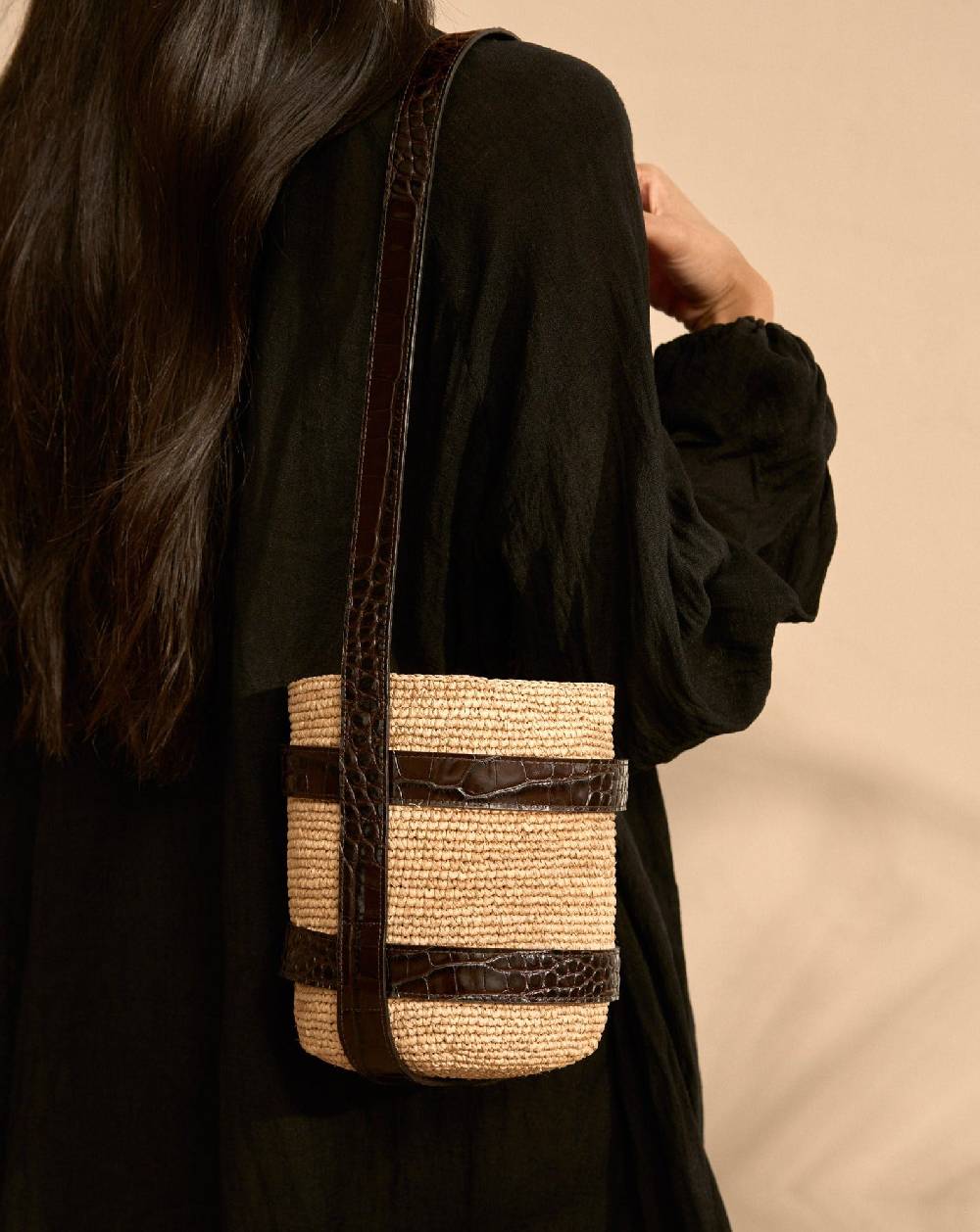 Manebí Bucket Raffia With Leather - Tan And Chocolate