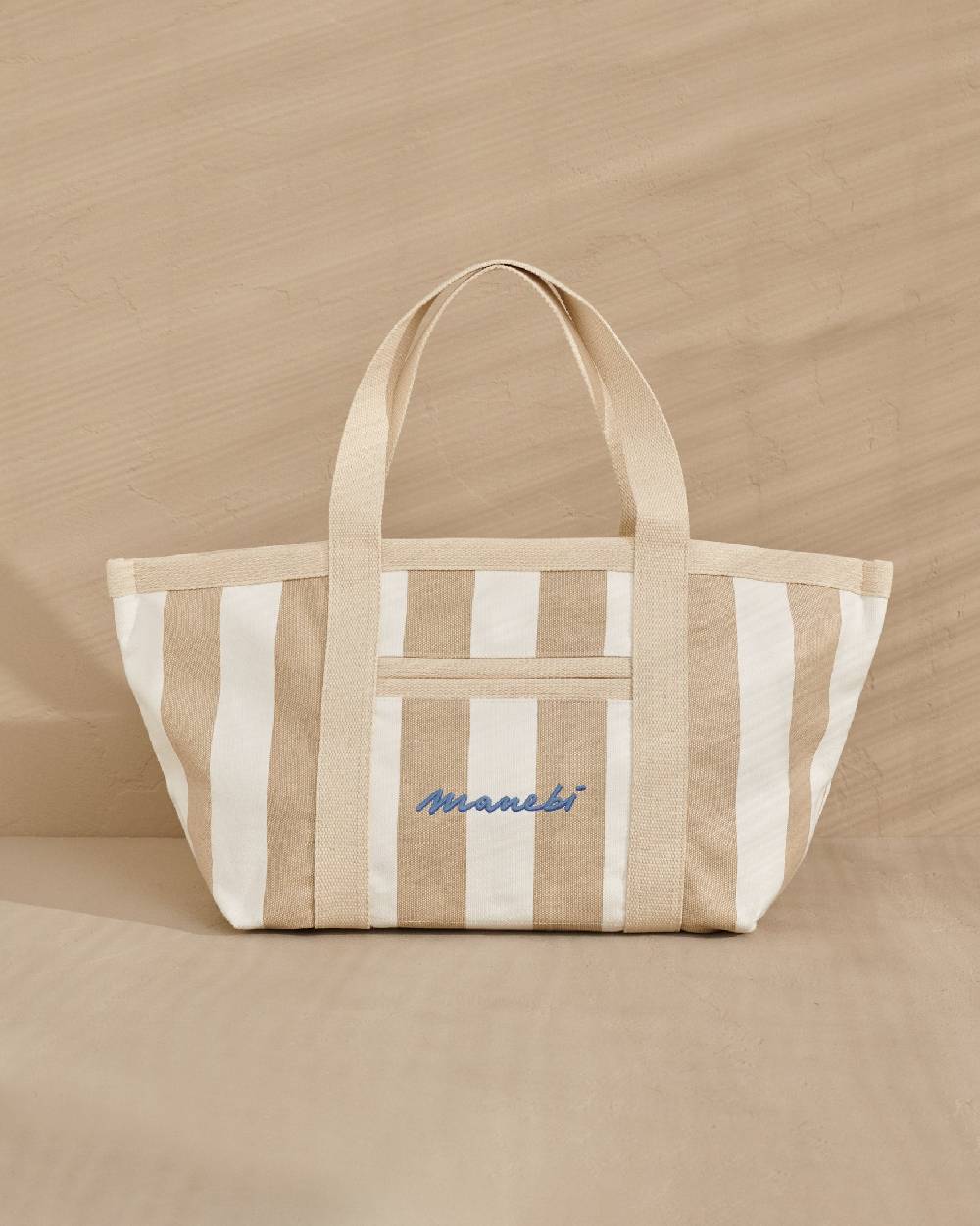 Manebí Canvas Tote Bag - Embroidered Logo White And Beige Stripes