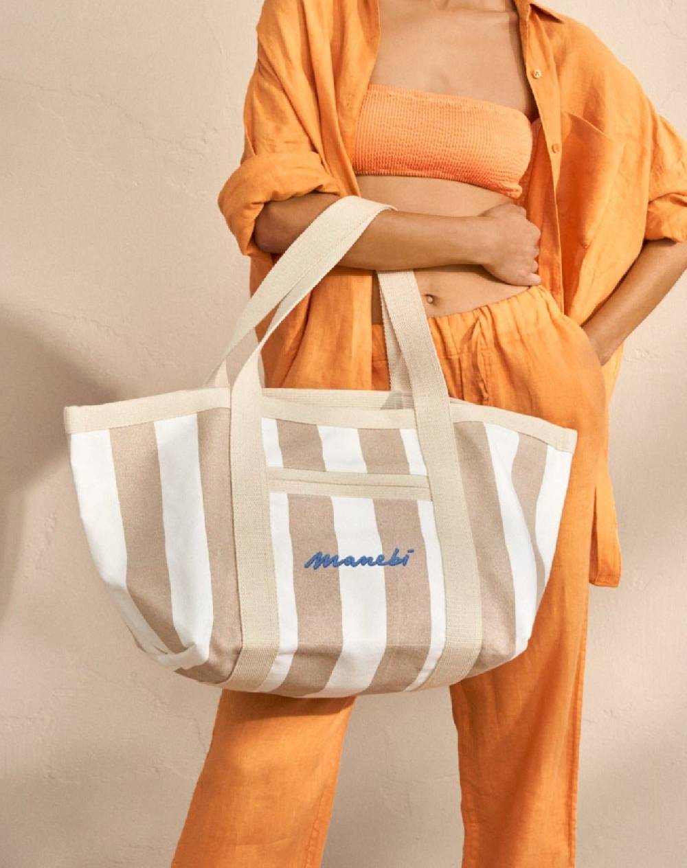 Manebí Canvas Tote Bag - Embroidered Logo White And Beige Stripes