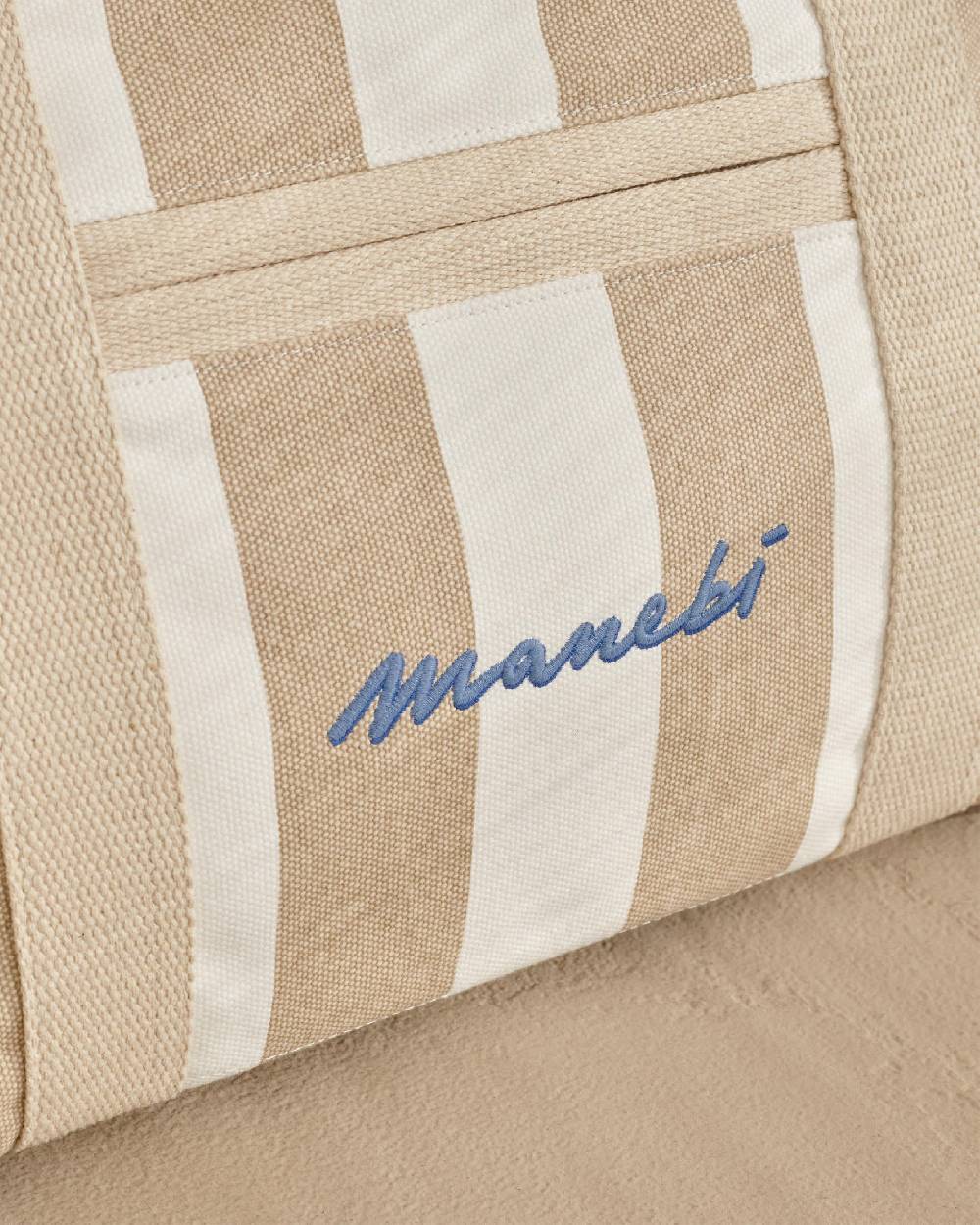 Manebí Canvas Tote Bag - Embroidered Logo White And Beige Stripes
