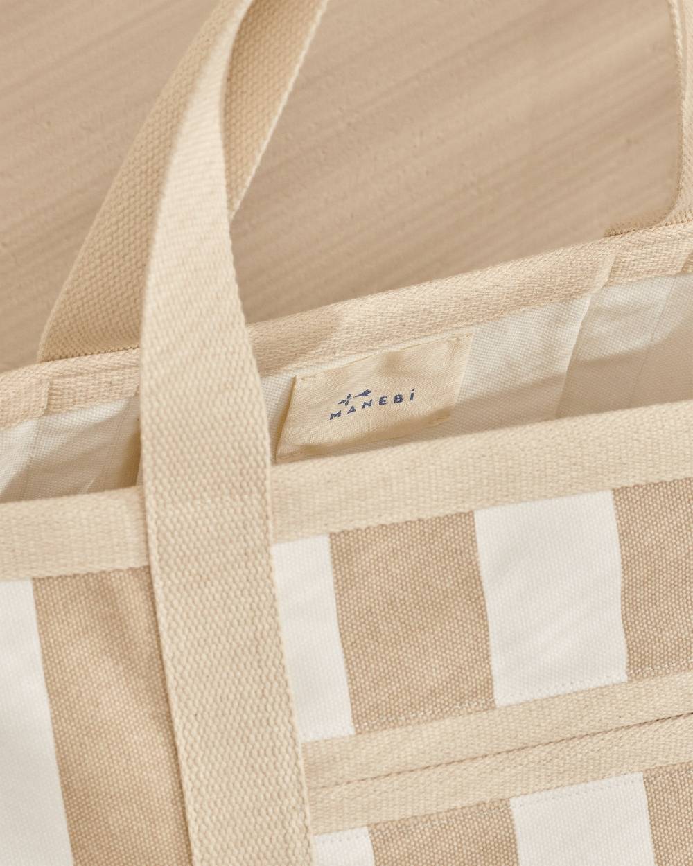 Manebí Canvas Tote Bag - Embroidered Logo White And Beige Stripes