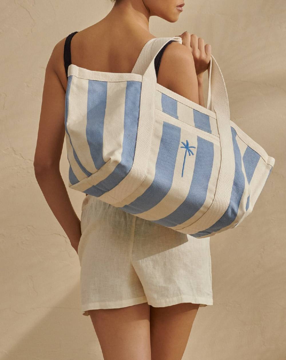 Manebí Canvas Tote Bag - Embroidered Palm White and Indigo Stripes