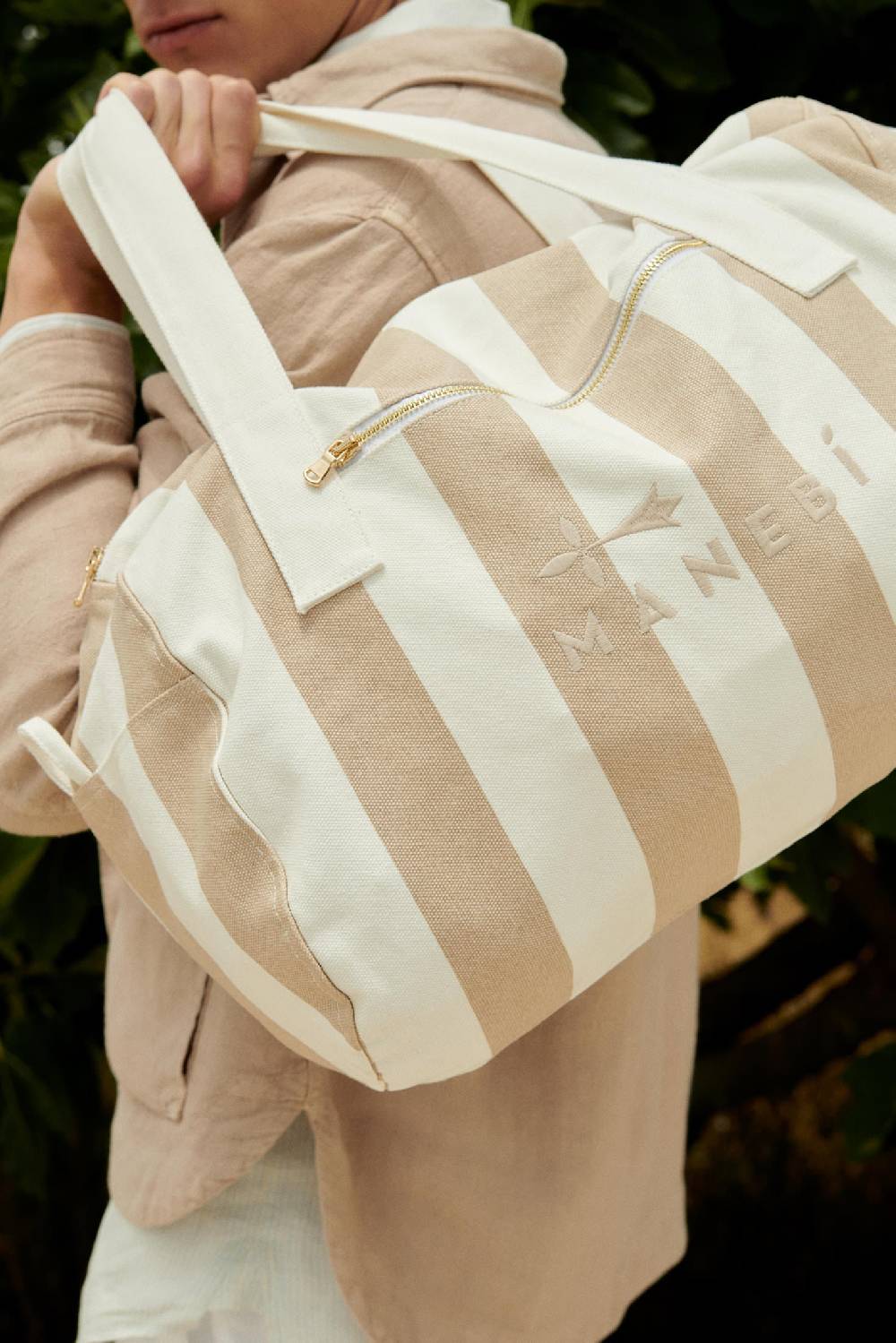 Manebí Canvas Weekend Bag - Embroidered Logo White And Beige Stripes