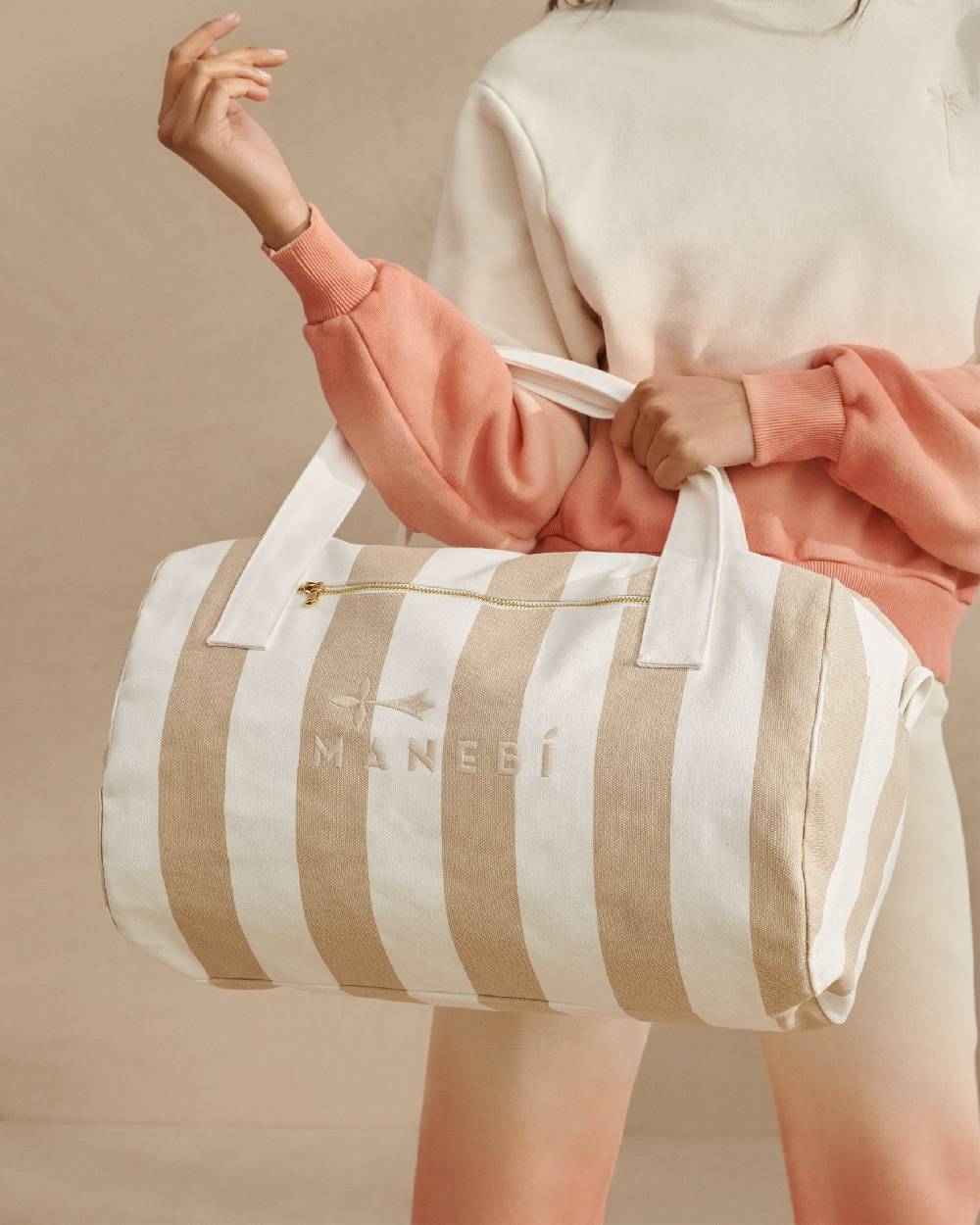 Manebí Canvas Weekend Bag - Embroidered Logo White And Beige Stripes