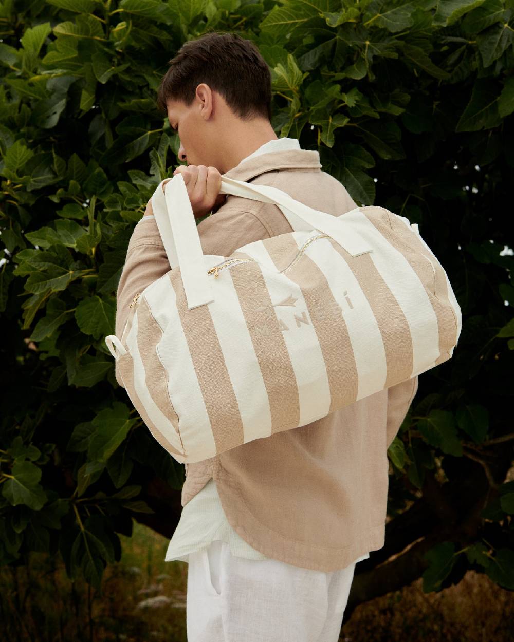 Manebí Canvas Weekend Bag - Embroidered Logo White And Beige Stripes