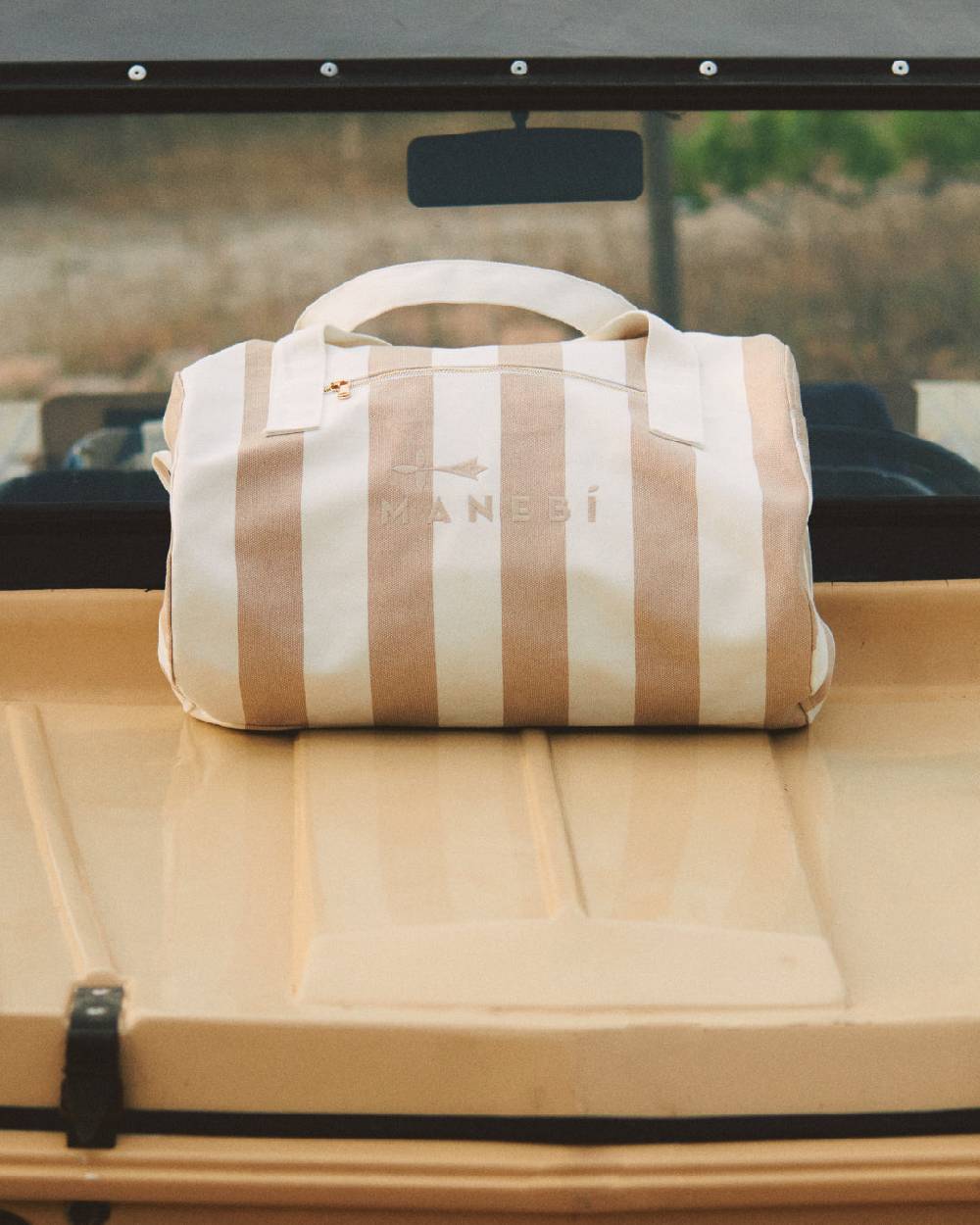 Manebí Canvas Weekend Bag - Embroidered Logo White and Beige Stripes