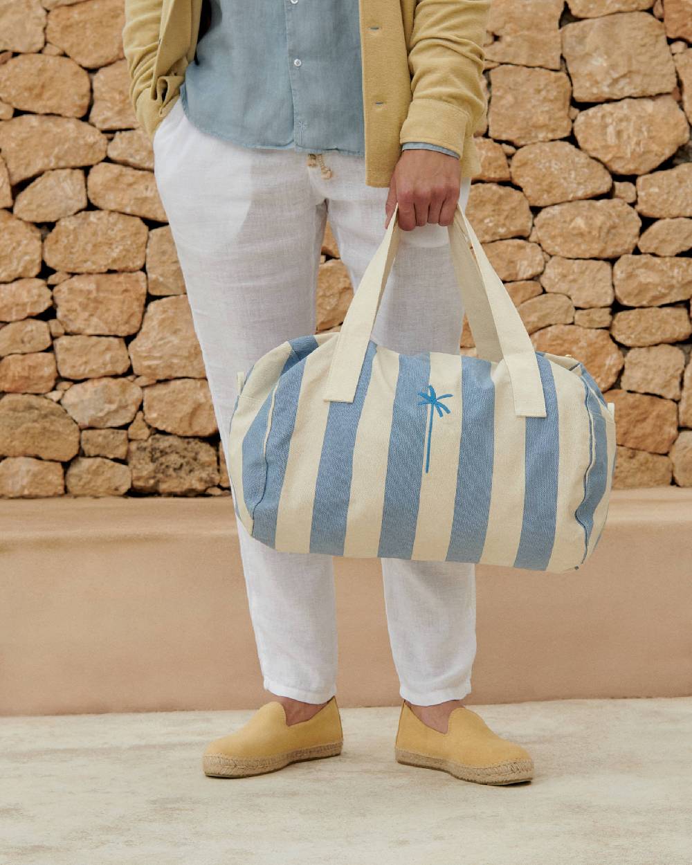 Manebí Canvas Weekend Bag - Embroidered Logo White And Indigo Stripes