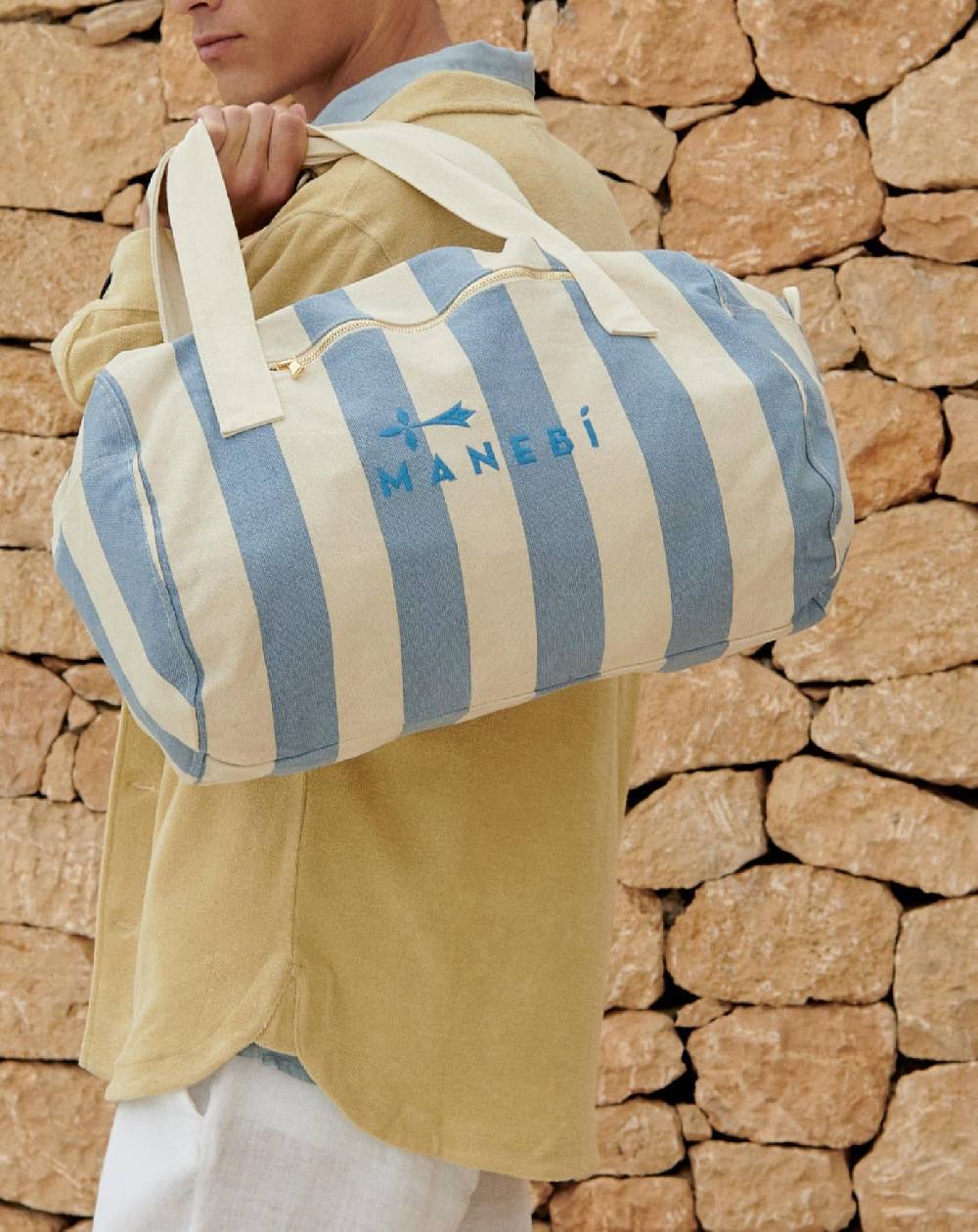 Manebí Canvas Weekend Bag - Embroidered Logo White and Indigo Stripes