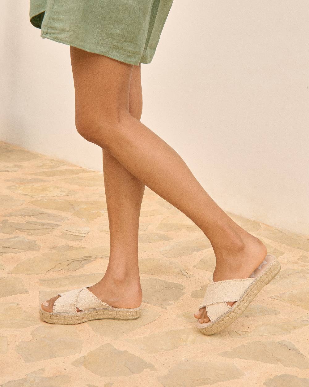 Manebí Coarse Woven Canvas Crossed Bands|Double Sole Sandals - Natural