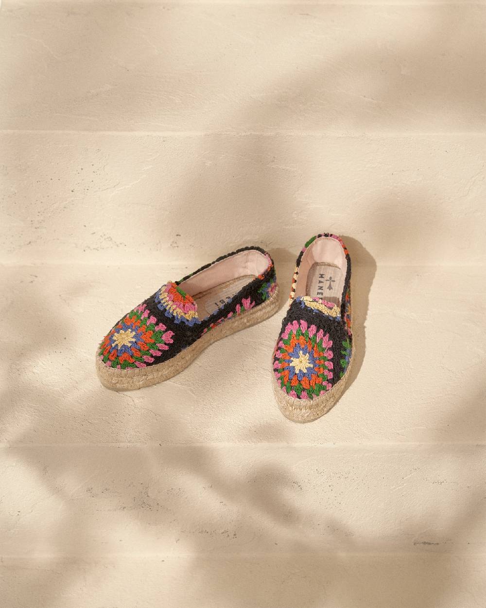 Manebí Cotton Crochet Double Sole Espadrilles - Yucatán Orange And Pink On Black