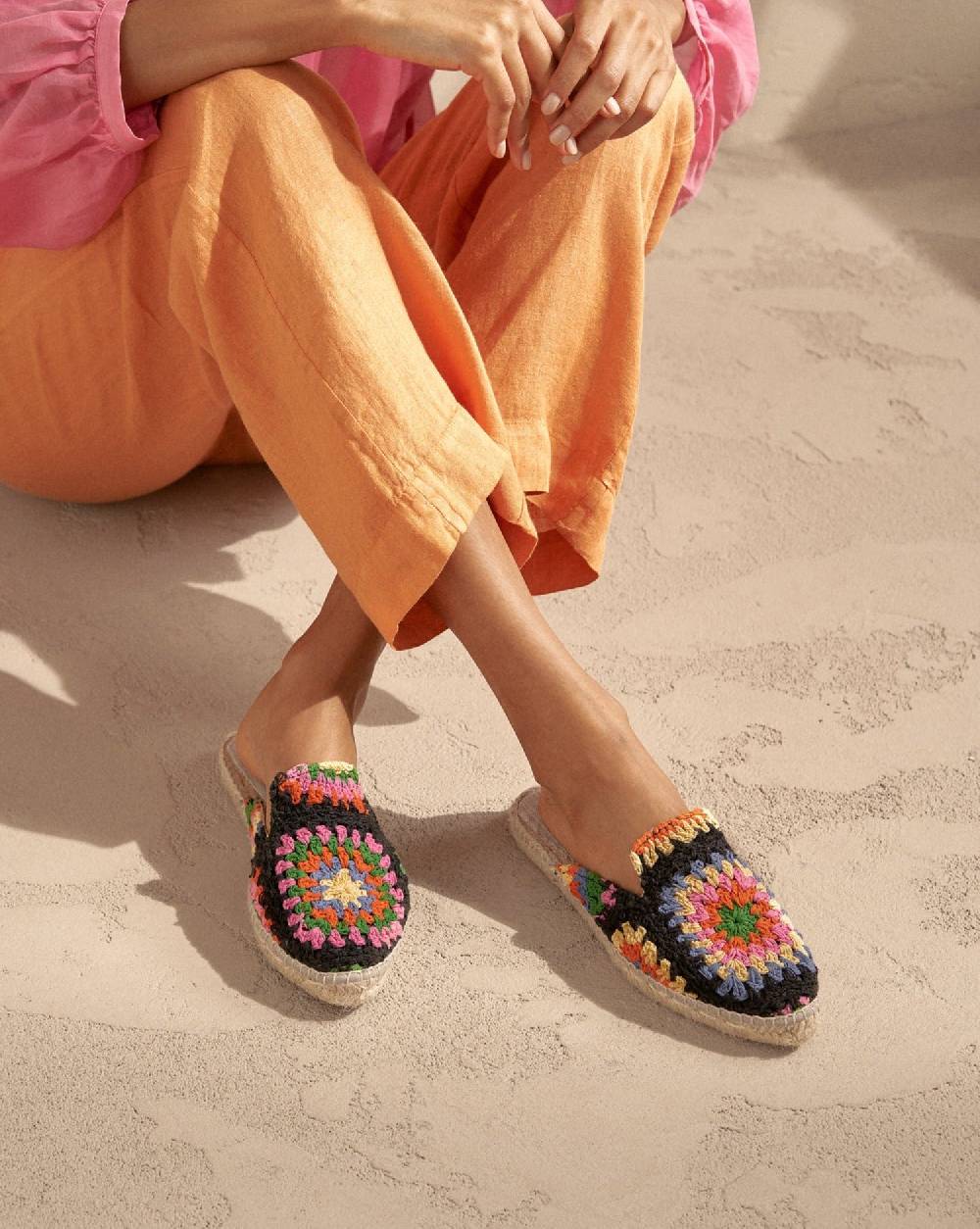 Manebí Cotton Crochet Mules - Yucatán Orange And Pink On Black