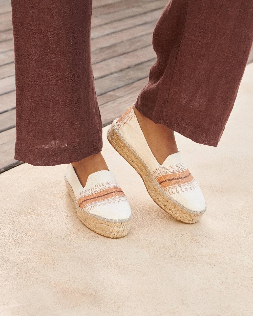Manebí Cotton Linen And Silk Raw Fabric|Double Sole Espadrilles - Rust Macro Stripe