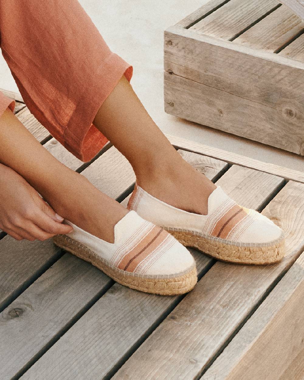 Manebí Cotton Linen And Silk Raw Fabric|Double Sole Espadrilles - Rust Macro Stripe