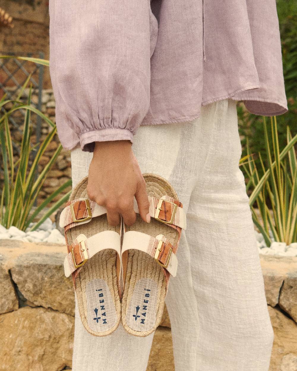 Manebí Cotton Linen And Silk Raw Fabric|Nordic Sandals - Rust Macro Stripe