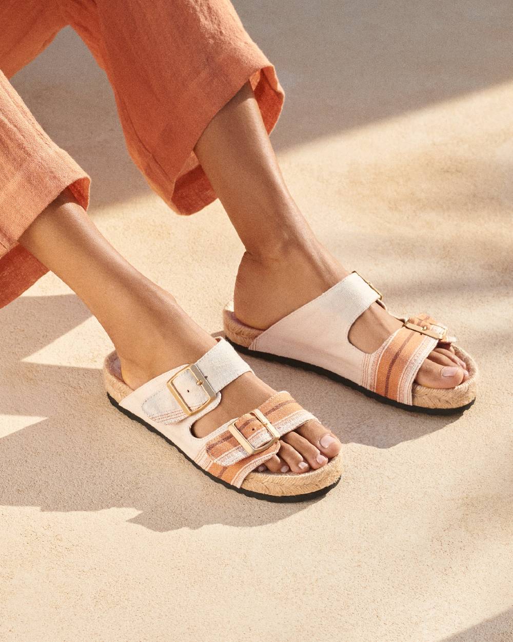 Manebí Cotton Linen And Silk Raw Fabric|Nordic Sandals - Rust Macro Stripe