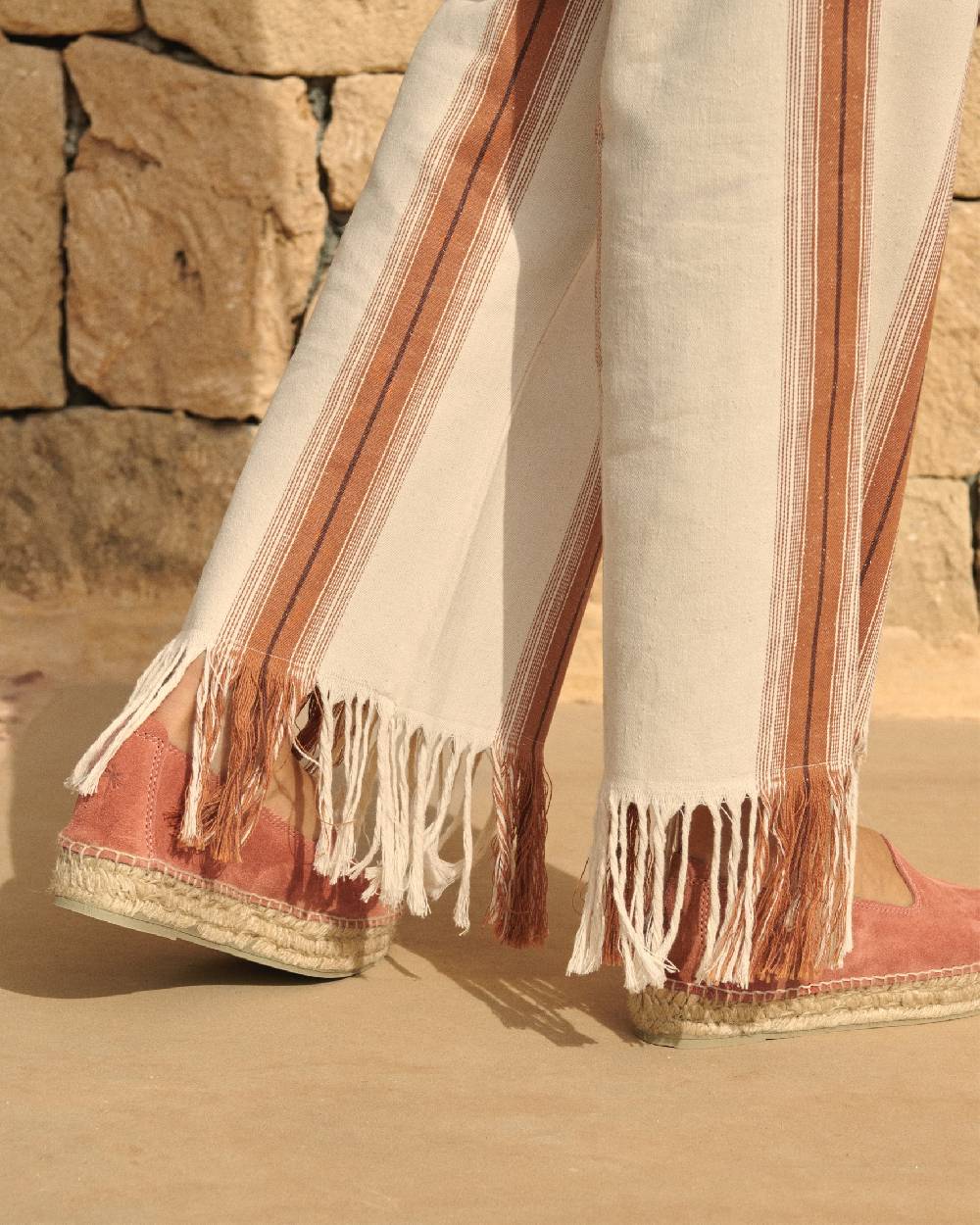 Manebí Cotton-Silk Blend Belem Trousers - Eggnog \u0026 Rust Stripes And Fringes