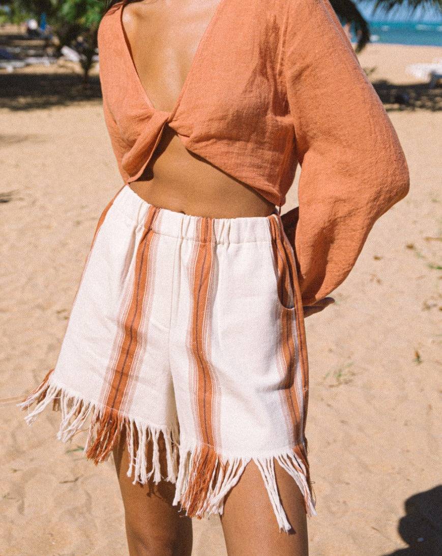 Manebí Cotton Silk Blend Bora Bora Shorts - Eggnog \u0026 Rust Stripes \u0026 Fringes