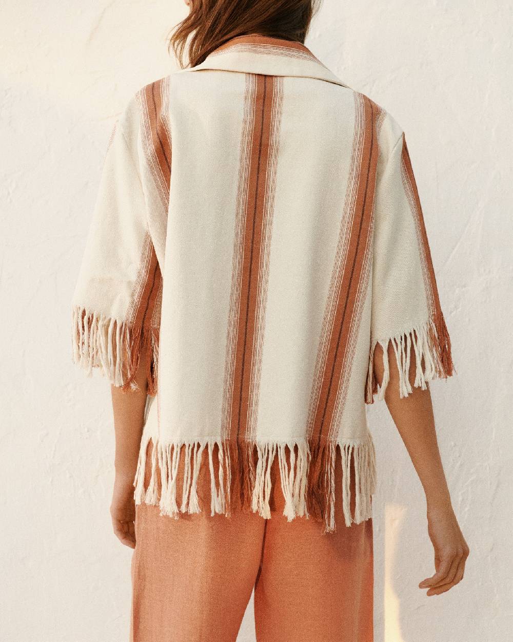 Manebí Cotton Silk Blend Cumana Shirt - Eggnog \u0026 Rust Stripes And Fringes