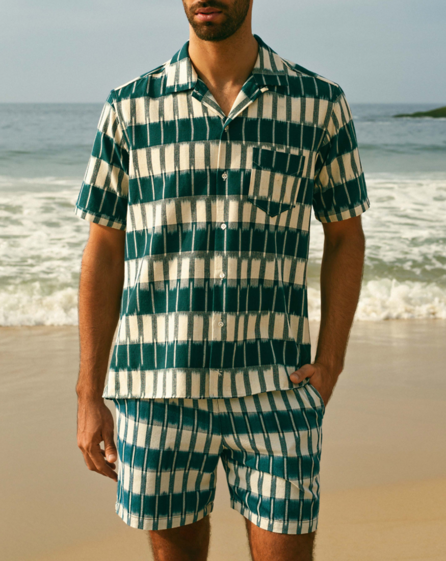 Manebí Dyed Cotton|Havana Camp-Collar Shirt - Navy Blue \u0026 Indigo Pattern