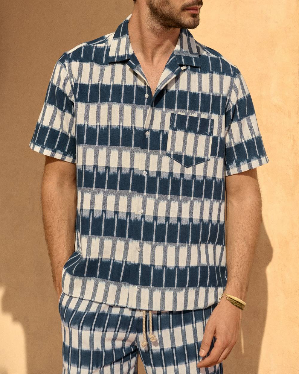 Manebí Dyed Cotton|Havana Camp-Collar Shirt - Navy Blue \u0026 Indigo Pattern