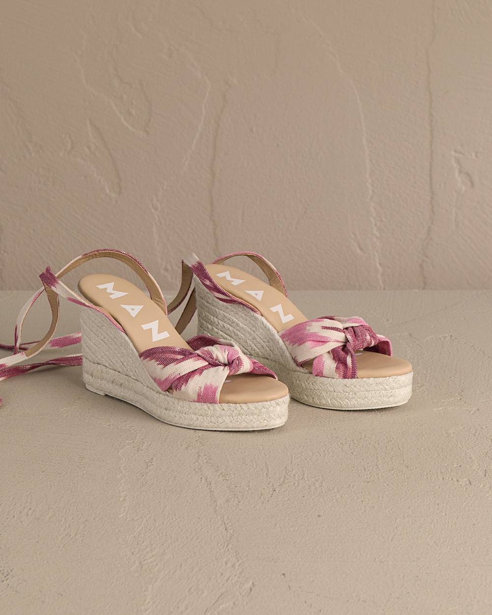 Manebí Dyed Cotton Wedge Espadrilles|With Knot - Tulum Pink And White Ikat