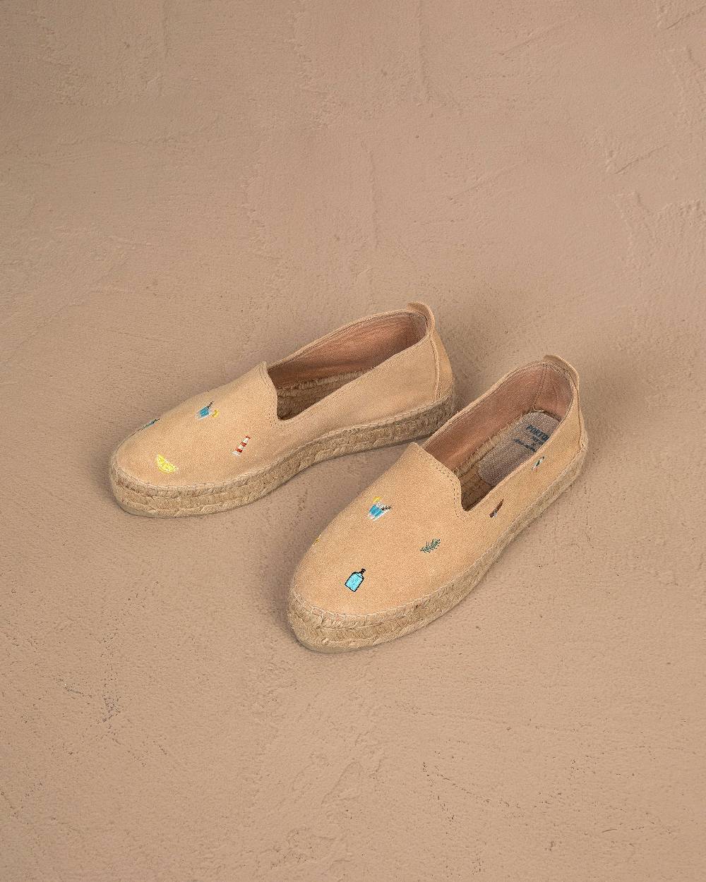 Manebí Espadrillas Con Platform In Pelle Scamosciata - Portofino Dry Gin X Manebí Champagne Beige Con Ricami Multicolor