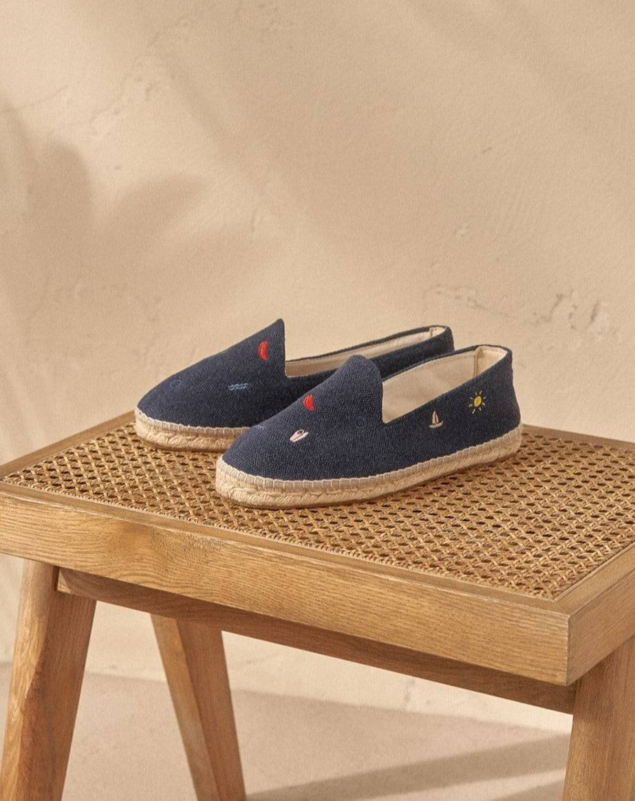 Manebí Espadrillas Flat In Canapa Biologica Con Ricami - Palm Springs - Navy \u0026 Multicolor Summer Stickers