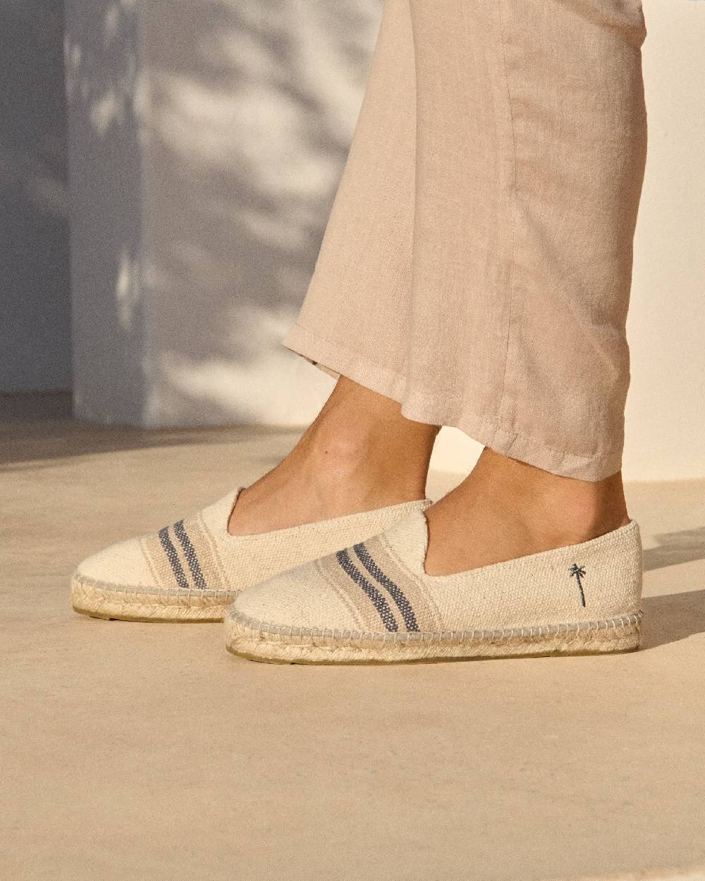 Manebí Espadrillas Piatte In Tela Intrecciata - Yucatán - Doppie Strisce Grigie Su Beige