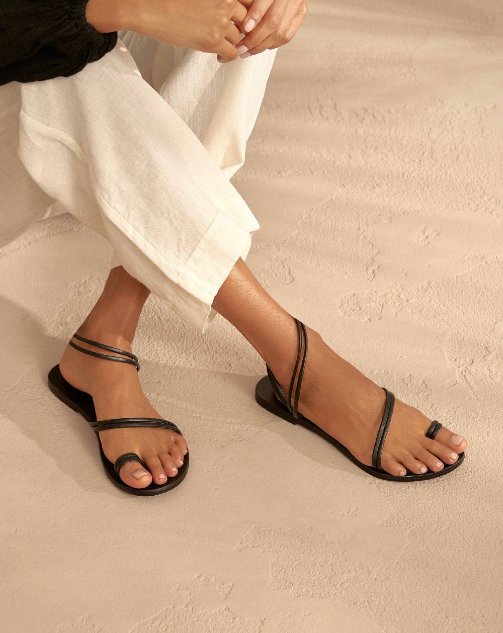 Manebí Francesca Leather Sandals - Toe Ring Black Stripes