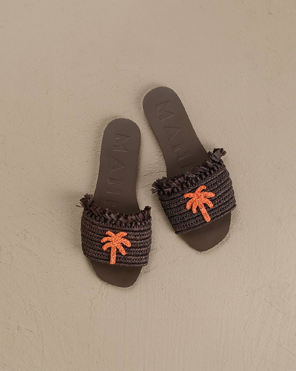 Manebí Fringed Knots Raffia|and Leather Sandals - Yucatán Cocoa With Orange Dust Palm