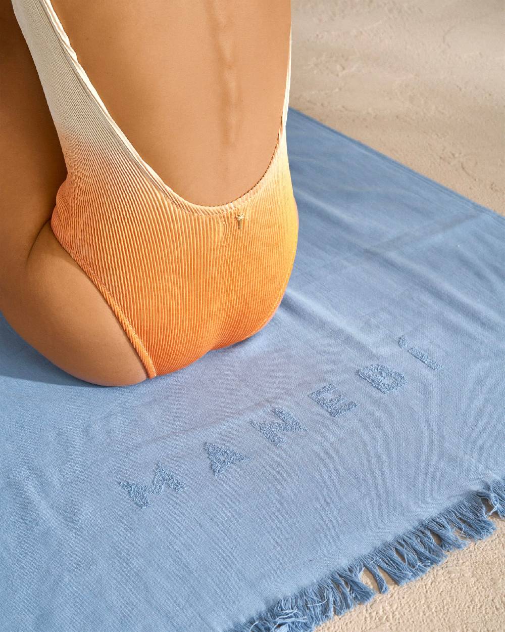 Manebí Jaquard Beach Towel - Embroidered Palm With Palm \u0026 Logo Indigo