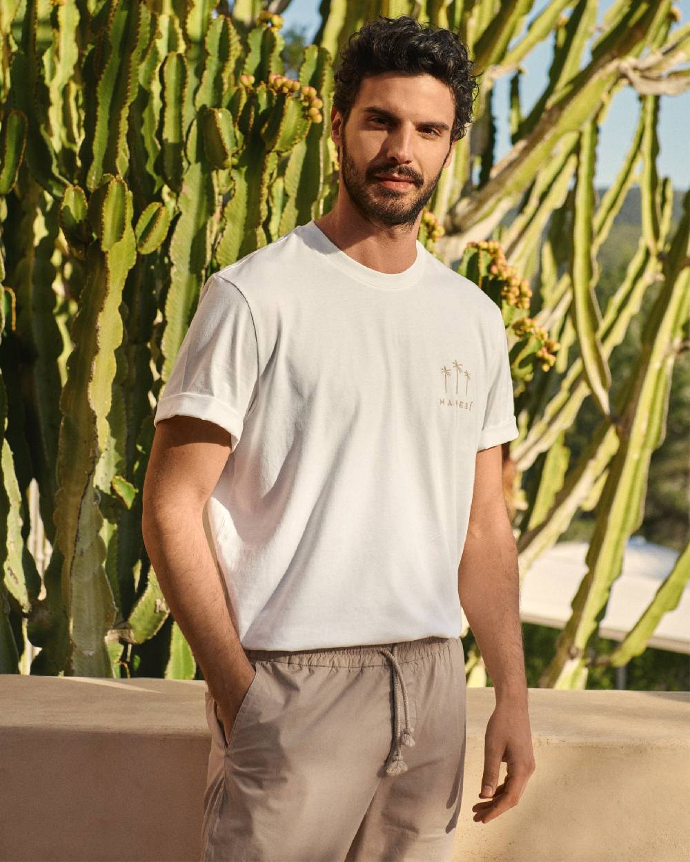 Manebí Jersey L. A. T-Shirt - Embroidered Off White Sand Palms And Logo Embroidery