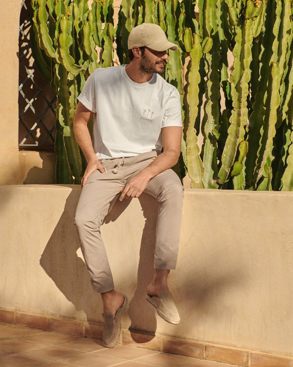 Manebí Jersey L. A. T-Shirt - Embroidered Off White Sand Palms And Logo Embroidery