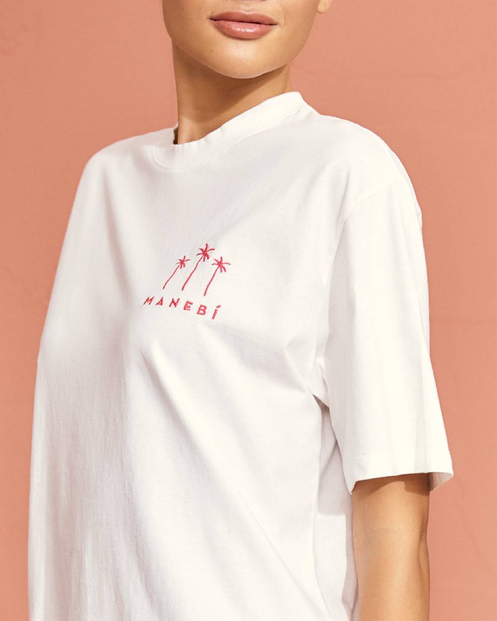 Manebí Jersey L. A. T-Shirt - Embroidered Off White \u0026 Pink Palms Logo Embroidery