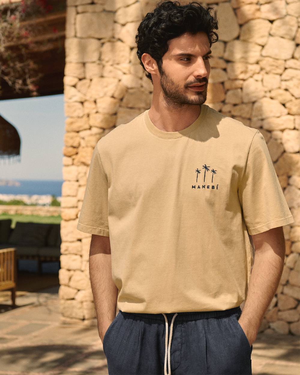 Manebí Jersey L. A. T-Shirt - Embroidered Sand Night Blue Palms Logo Embroidery