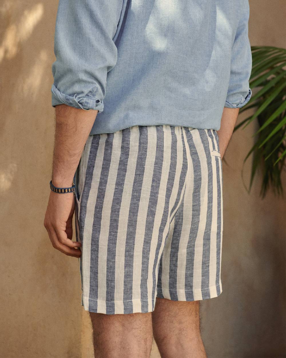 Manebí Light Linen|Malibu Shorts - Embroidered Logo Blue Beige Maxi Stripes