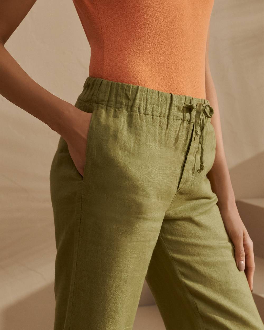 Manebí Linen Belem Trousers - Elasticated Waistband Kaki Green