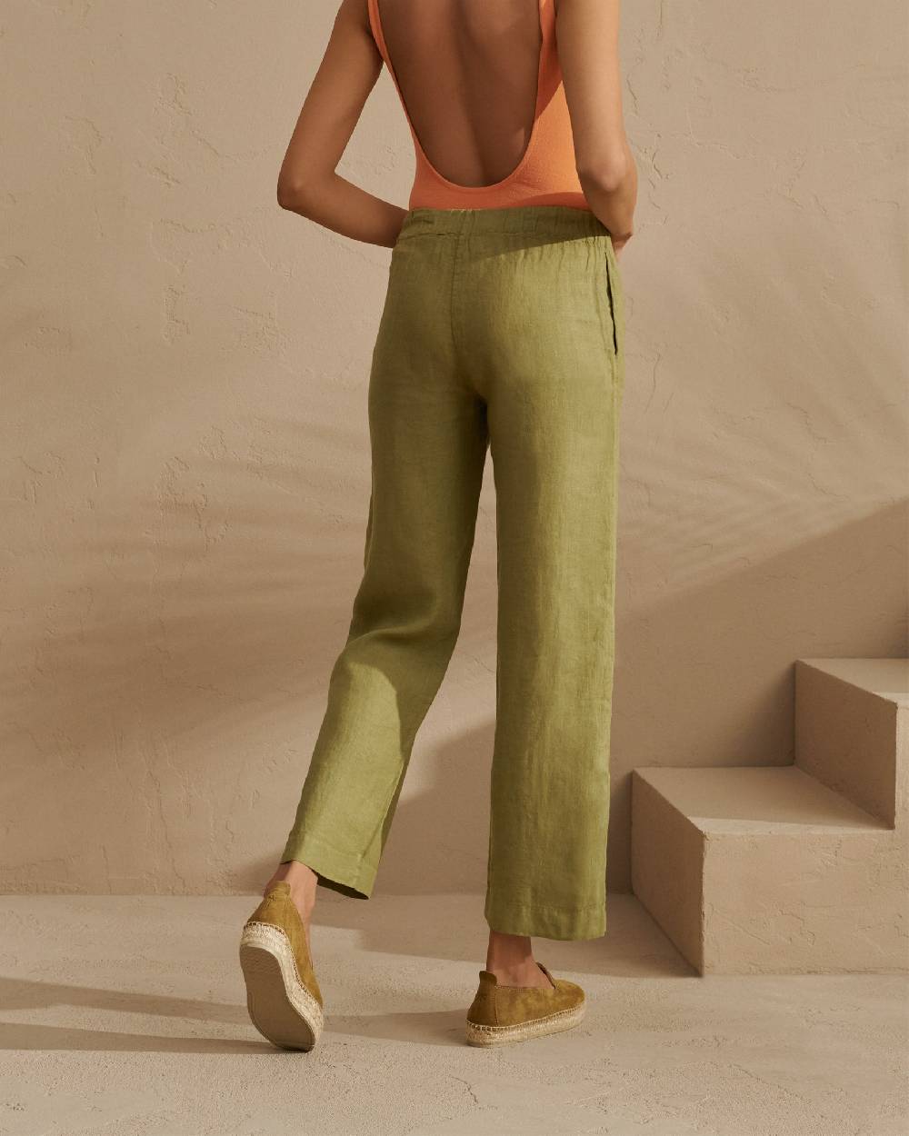 Manebí Linen Belem Trousers - Elasticated Waistband Kaki Green