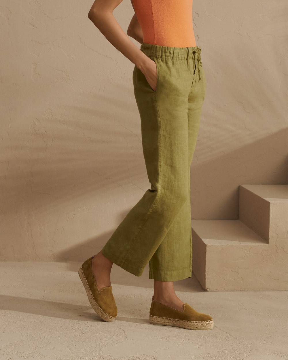 Manebí Linen Belem Trousers - Elasticated Waistband Kaki Green