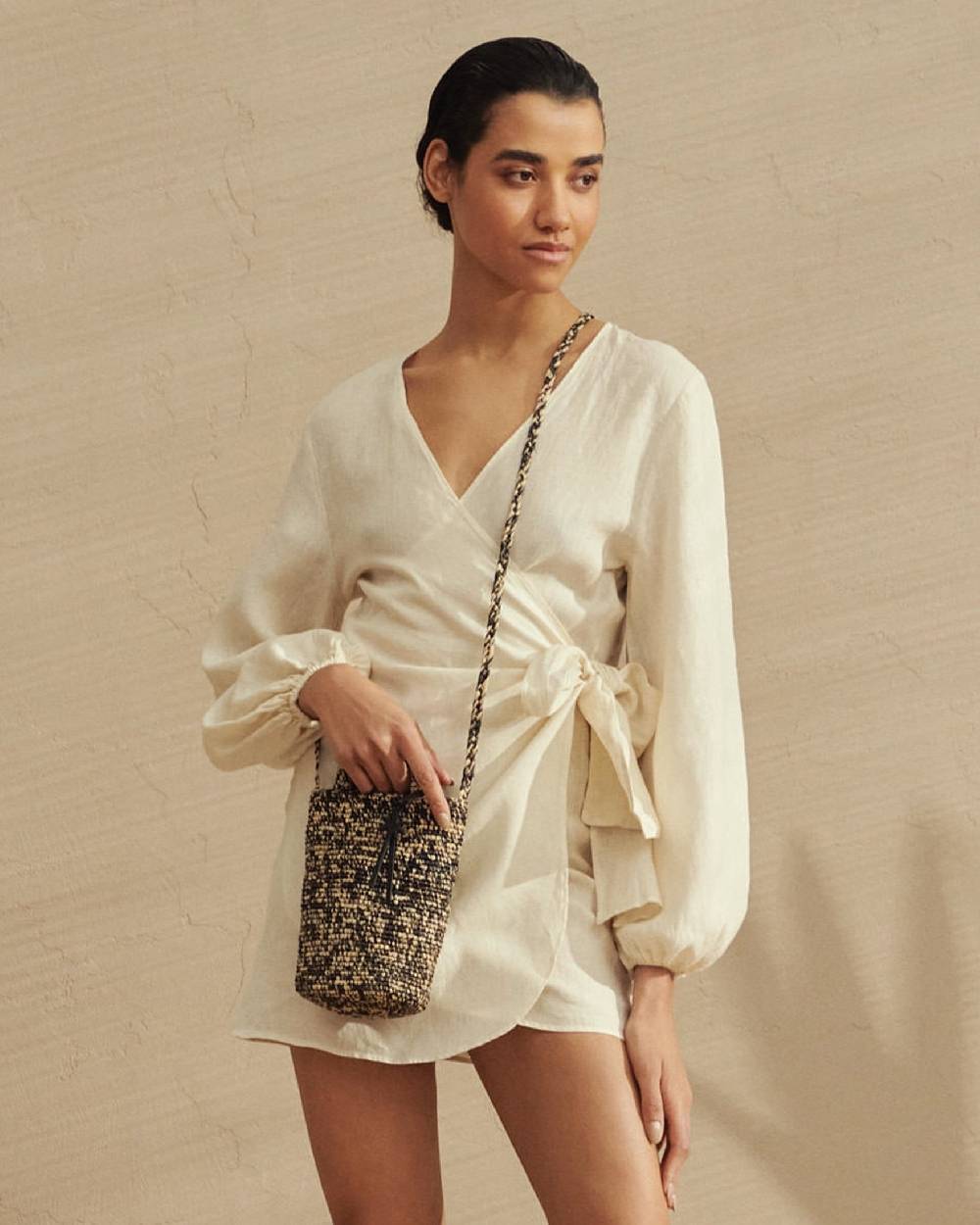 Manebí Linen Biarritz Dress - Wraparound Design Eggnog