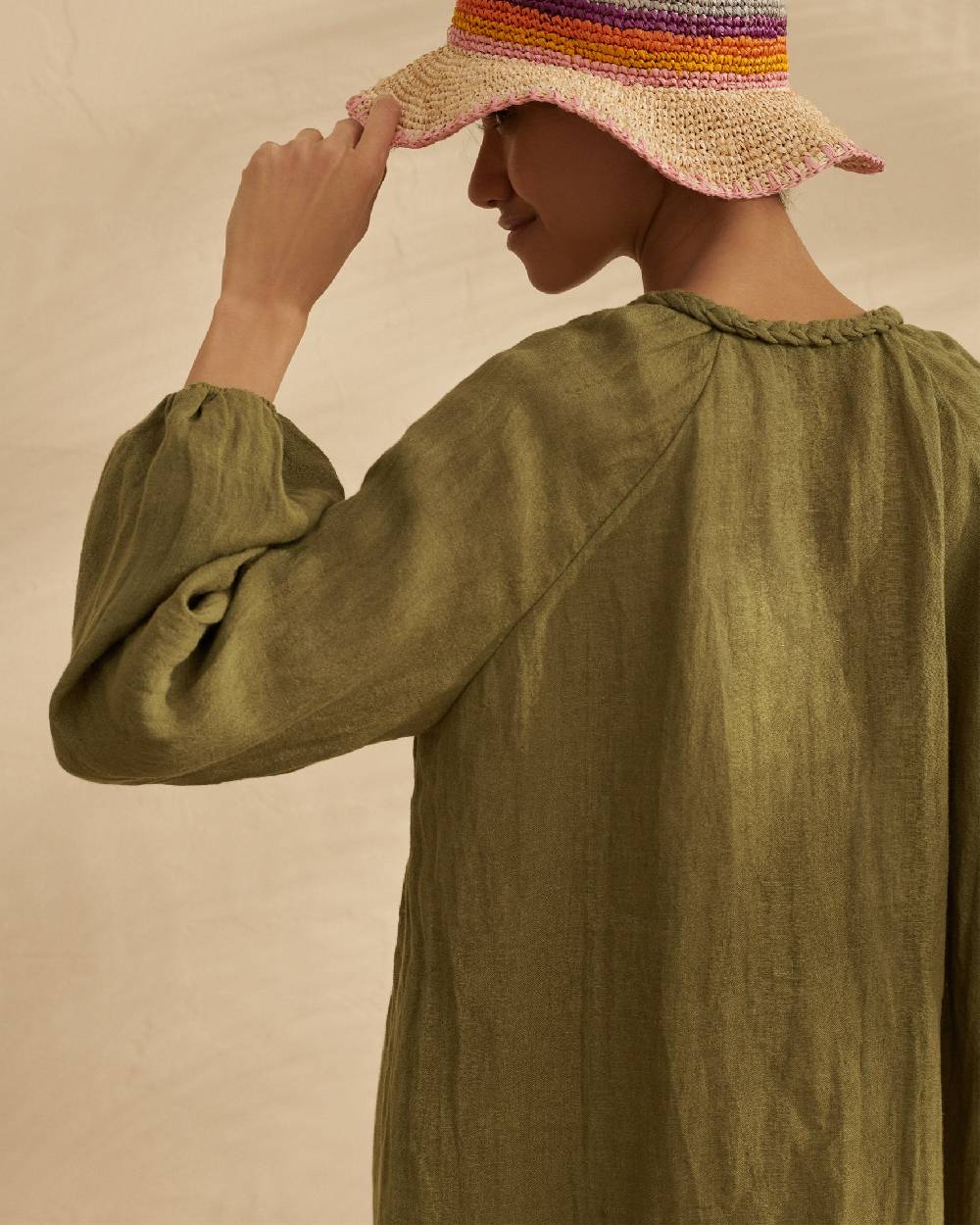 Manebí Linen Gauze Ibiza Dress - Hand Braided Cord Kaki Green