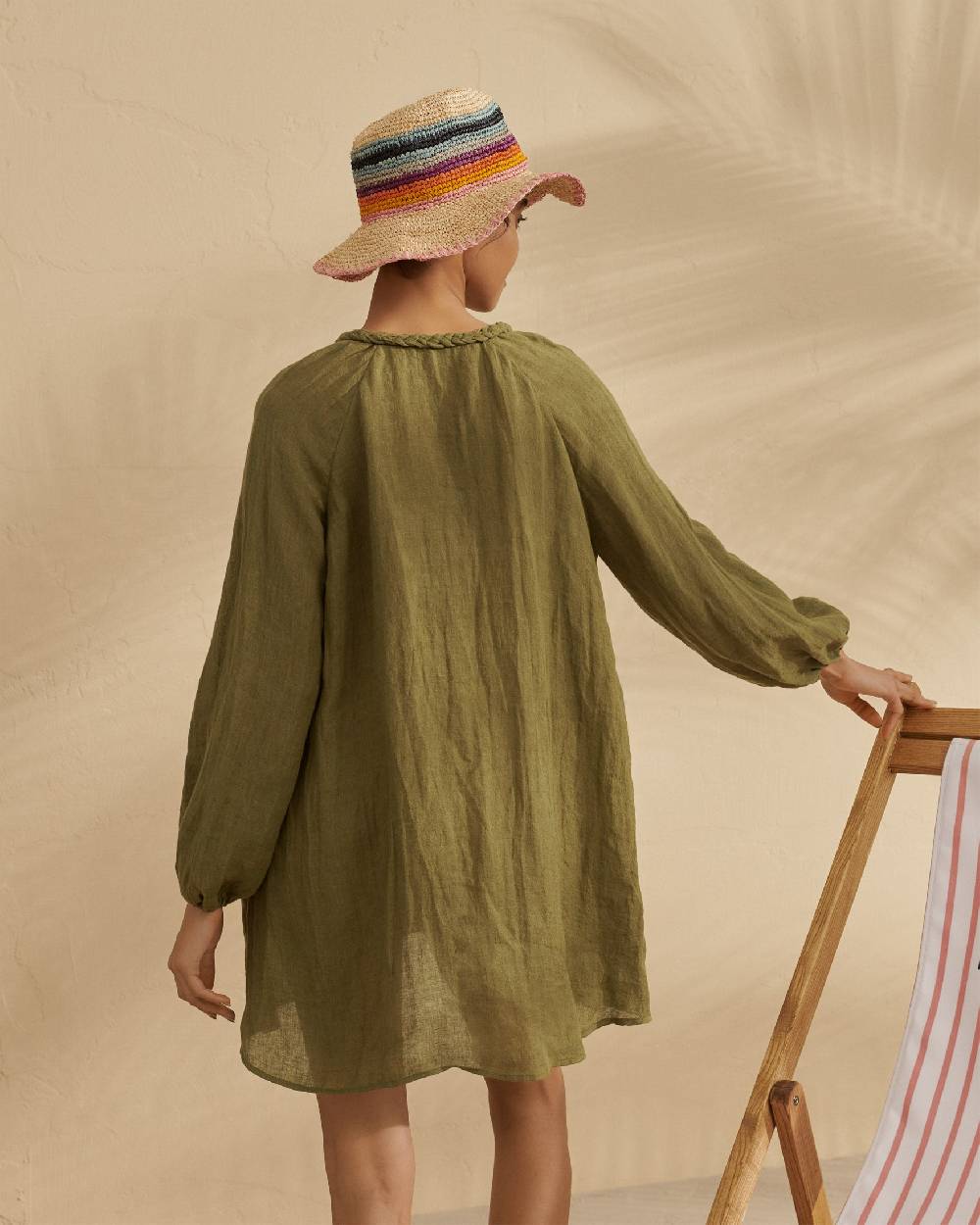 Manebí Linen Gauze Ibiza Dress - Hand Braided Cord Kaki Green