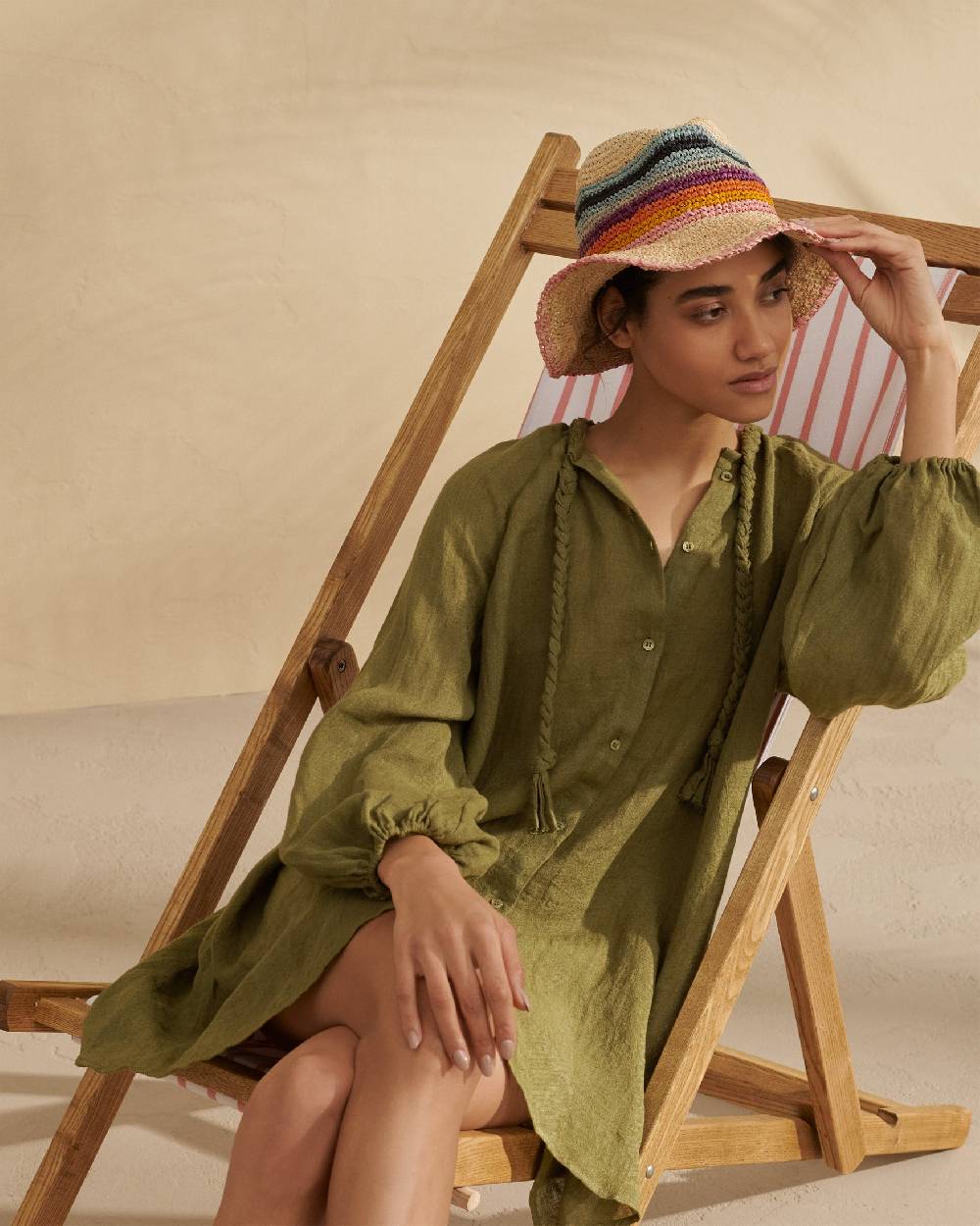 Manebí Linen Gauze Ibiza Dress - Hand Braided Cord Kaki Green