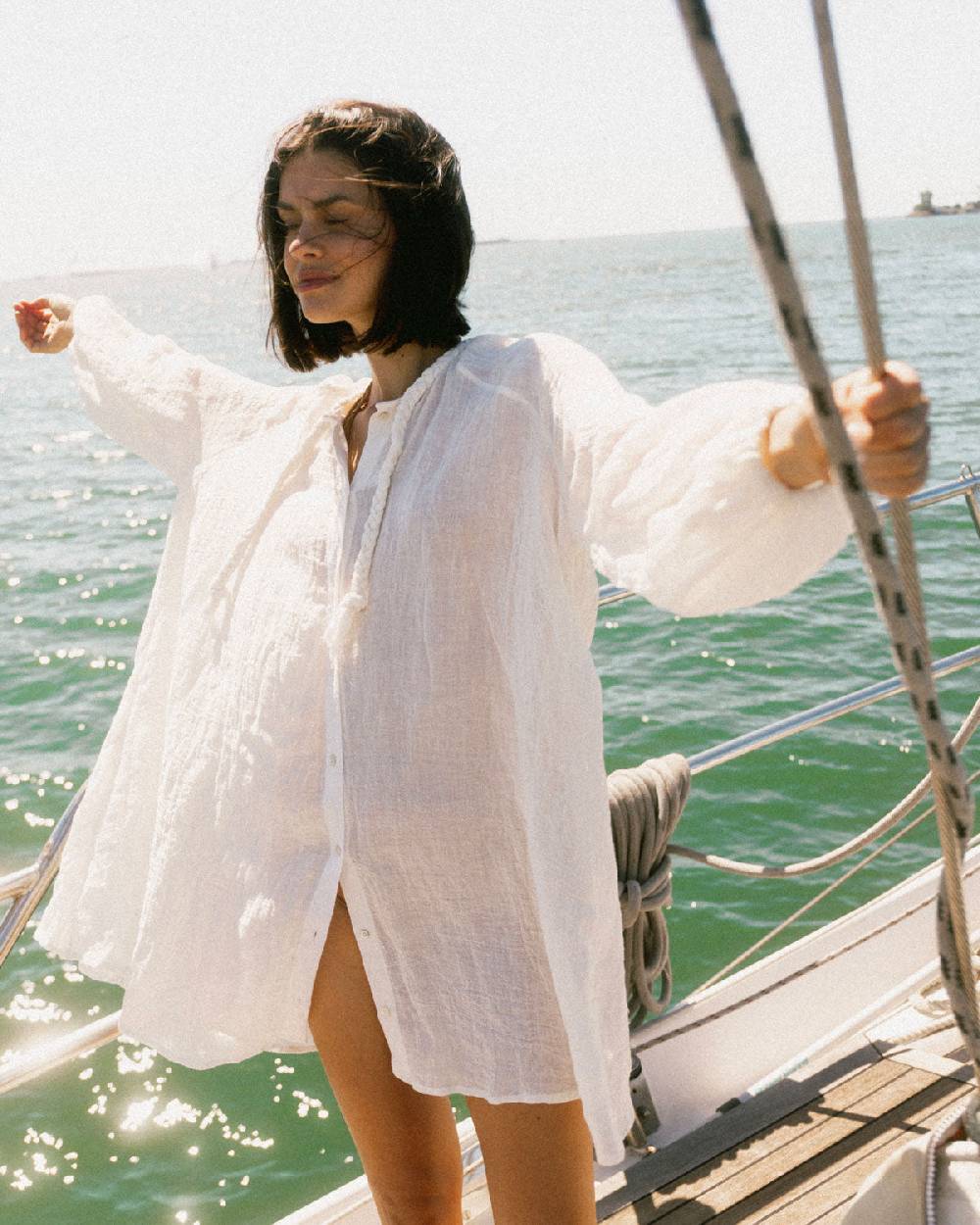 Manebí Linen Gauze Ibiza Dress - Hand Braided Cord White